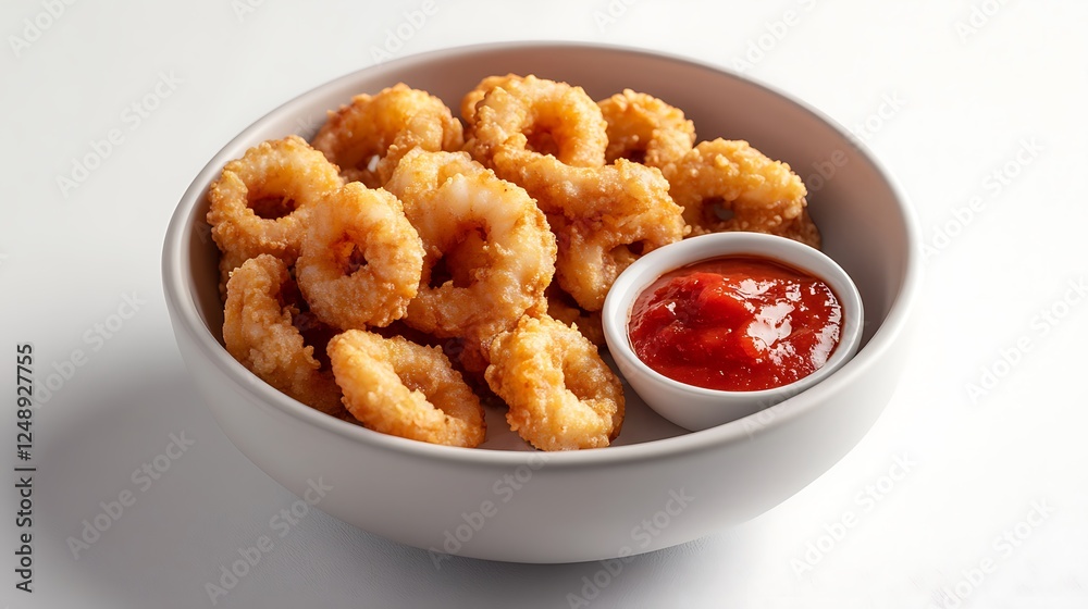 A bowl of golden fried calamari served with a small dish of marinara sauce, resting on a white surface A bowl of golden fried calamari served with a small dish of marinara sauce, resting on a white surface