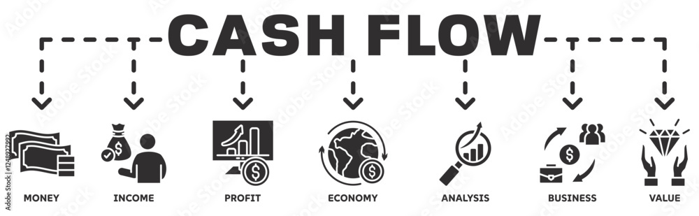 Banner of cash flow web vector illustration concept with icons of money, income, profit, economy, analysis, business, value Banner of cash flow web vector illustration concept with icons of money, income, profit, economy, analysis, business, value