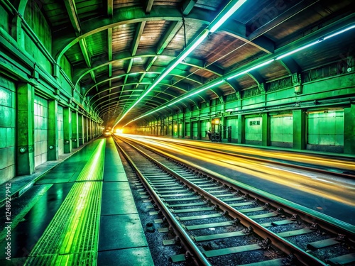 Abandoned Subway Station with Luminous Green Speed Lines - Urban Exploration Photography