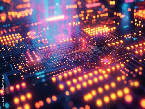 Wallpaper Mural A vibrant abstract representation of a digital circuit enhanced by colorful lights. Ideal for technology and innovation-themed projects. Torontodigital.ca