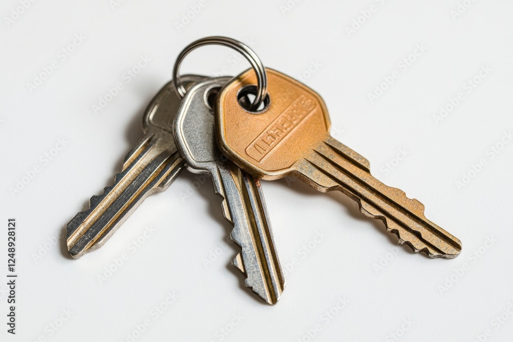 Three keys on ring, white background, security, home Three keys on ring, white background, security, home