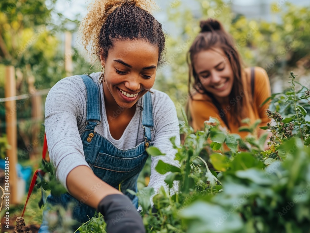 Two smiling friends enjoy gardening together, surrounded by lush greenery. Their enthusiasm for nature and teamwork showcases the joy of outdoor activities. Two smiling friends enjoy gardening together, surrounded by lush greenery. Their enthusiasm for nature and teamwork showcases the joy of outdoor activities.
