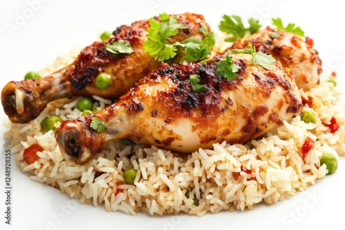 Enticing dish of chicken, rice, peas, and sauce served on a table. Highly flavorful and spicy. Often enjoyed as an ethnic meal for its heartiness.