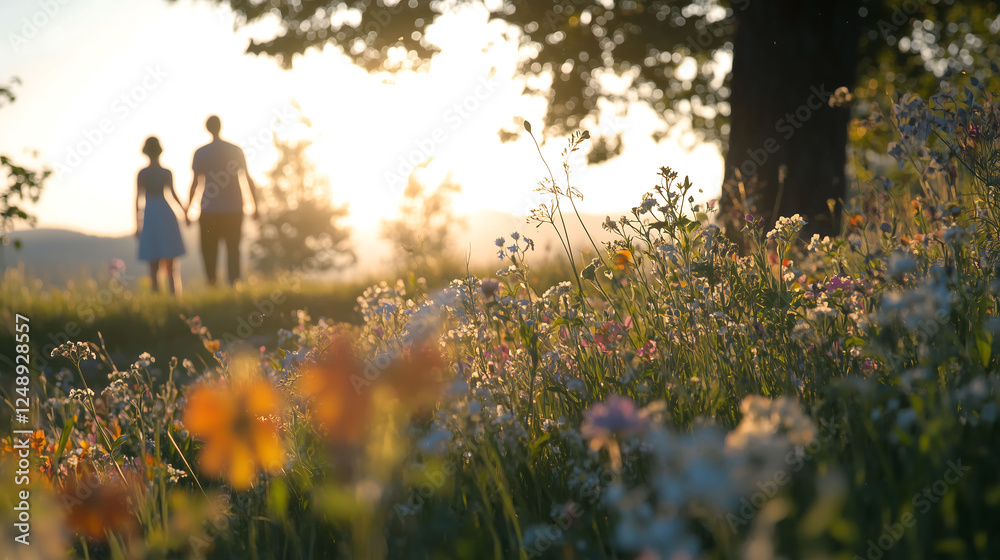 Couple Enjoying Sunset in a Field of Daisies and Love in Nature's Embrace Couple Enjoying Sunset in a Field of Daisies and Love in Nature's Embrace