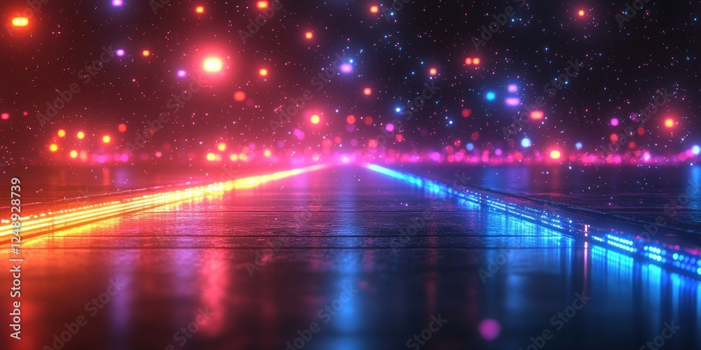 Vibrant 80s Style Neon Grid Background with Glowing Blue and Purple Lights Creating a Retro Futuristic Atmosphere for Creative Projects