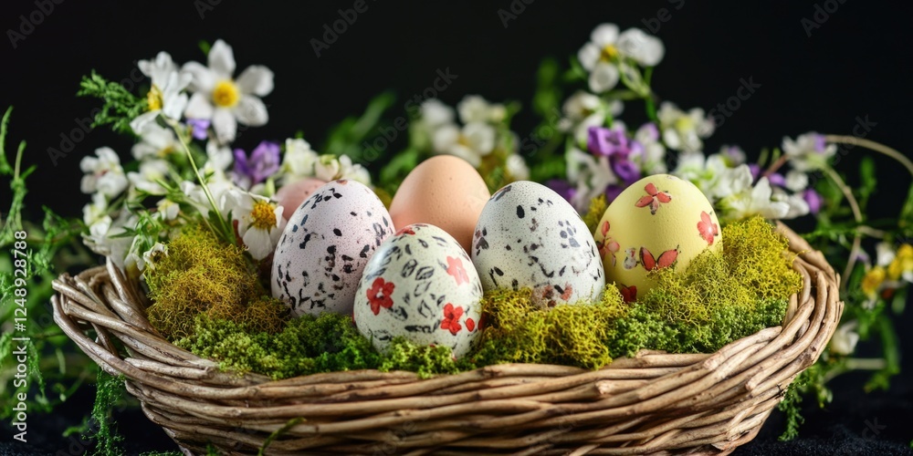 A basket of eggs with flowers and grass in the background. The basket is filled with a variety of eggs, including some with flowers and butterflies painted on them A basket of eggs with flowers and grass in the background. The basket is filled with a variety of eggs, including some with flowers and butterflies painted on them