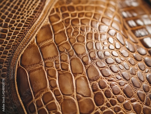 A close up of a brown leather item with a crocodile print. The item has a unique and exotic look, with the crocodile print adding a touch of sophistication and style