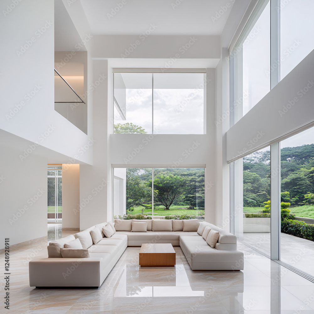 Fototapeta premium Spacious Modern Living Room Bathed in Natural Light with Floor-to-Wall Windows- Generative AI