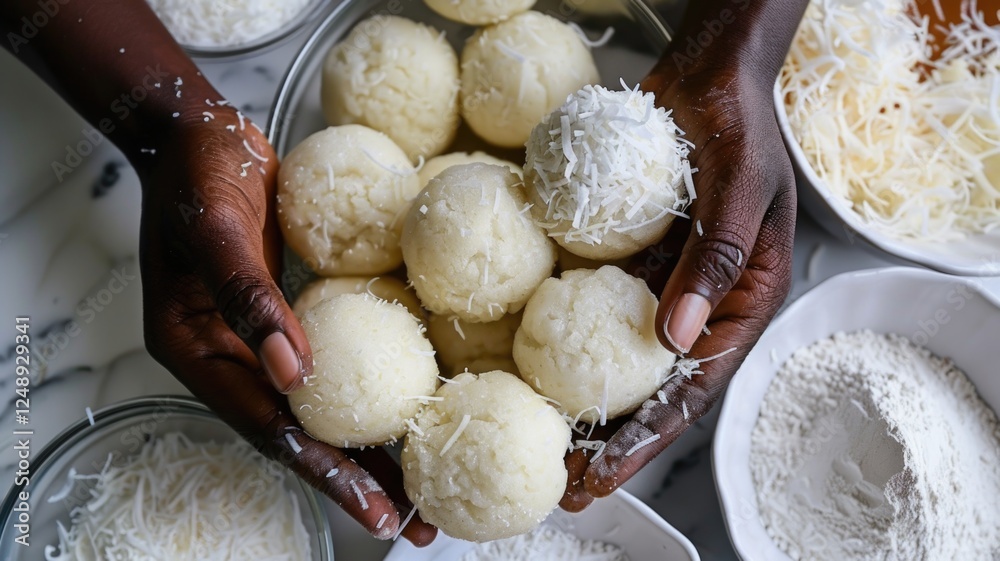 Fototapeta premium Delicious coconut dessert balls with shredded coconut topping for sweet treats