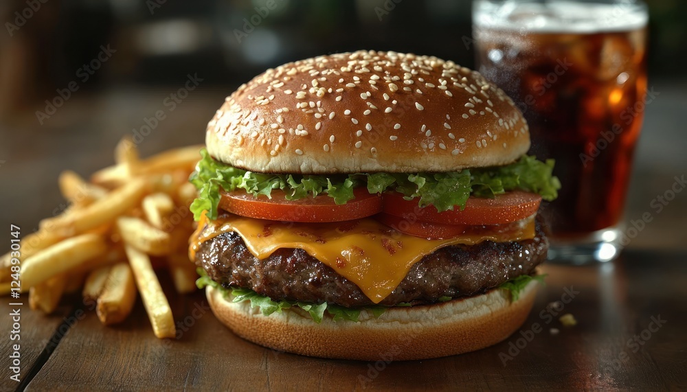 Delicious Cheeseburger with Fries and Cola on Restaurant Table Delicious Cheeseburger with Fries and Cola on Restaurant Table