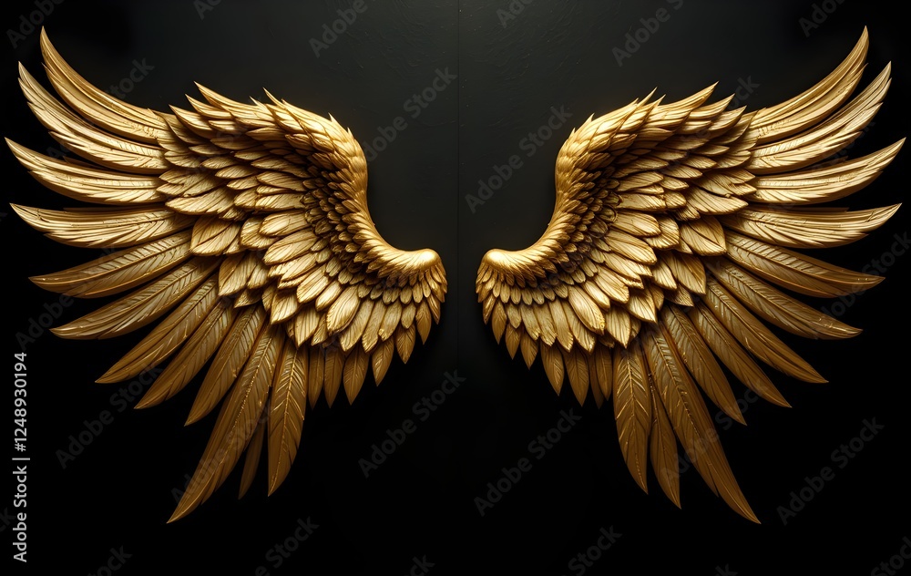 Fototapeta premium Golden Angel Wings on Black Background - Luxurious, Elegant, and Divine Feathered Art 