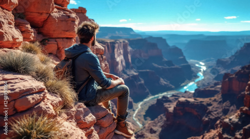 Young caucasian male hiker enjoying grand canyon view in sunlight