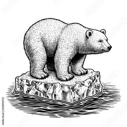 Polar bear on ice float engraving black and white outline. Scratch board imitation. illustrated in vintage line art style on a white background.
