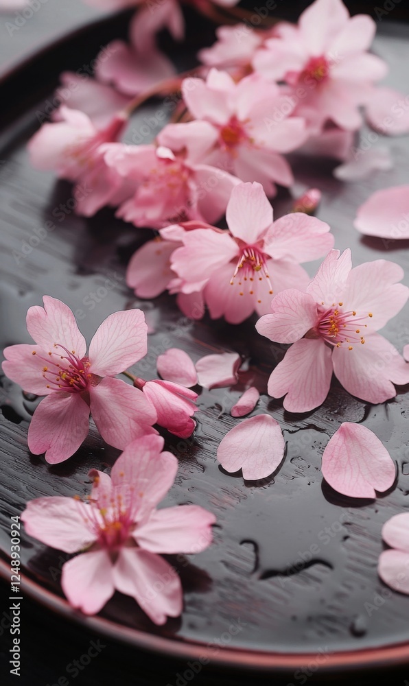Fototapeta premium Delicate pink cherry blossoms and scattered petals resting on a dark, wet wooden surface