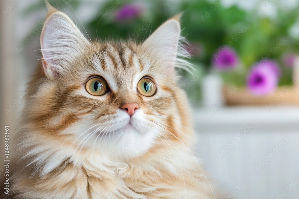 Cute kitten looking up near violet flowers on a table, for pet adoption campaigns Cute kitten looking up near violet flowers on a table, for pet adoption campaigns