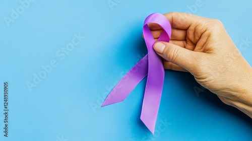 Wallpaper Mural Hand holding a purple awareness ribbon on a blue background, symbolizing support for causes like Alzheimer’s, Animal Protection, Bulimia, Chronic Pain, and Domestic Violence Torontodigital.ca