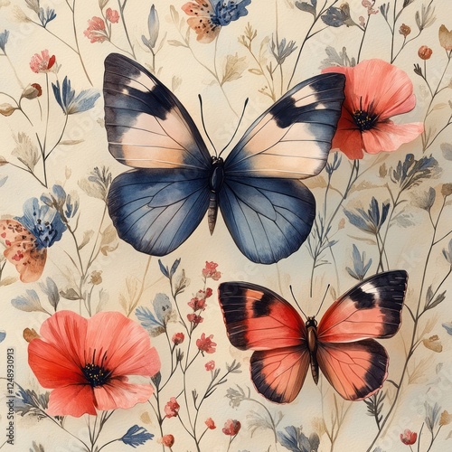 Floral Pattern with Pink and Blue Butterflies Watercolor Pastel Background for Baby Shower and Celebration