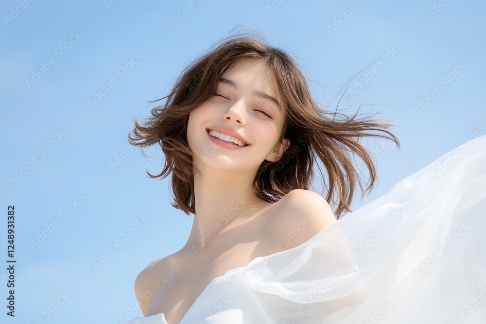 Smiling woman with cloth blowing in wind, against a serene blue sky for beauty ads Smiling woman with cloth blowing in wind, against a serene blue sky for beauty ads