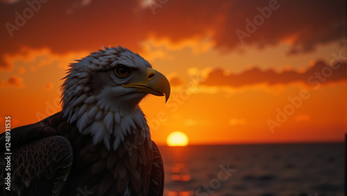 Bald eagle silhouette against fiery sunset over ocean, tranquility theme photo