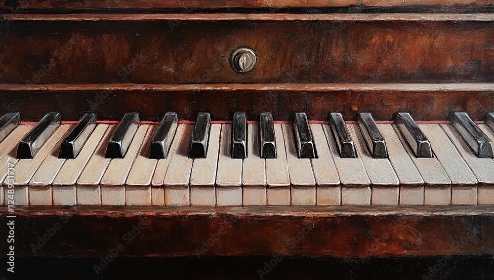 Antique Piano Keys: A Detailed Painting of Musical Instrument's Keys, Showing Old Wood and Ivory, Evoking Nostalgia and Artistic Expression. Antique Piano Keys: A Detailed Painting of Musical Instrument's Keys, Showing Old Wood and Ivory, Evoking Nostalgia and Artistic Expression.