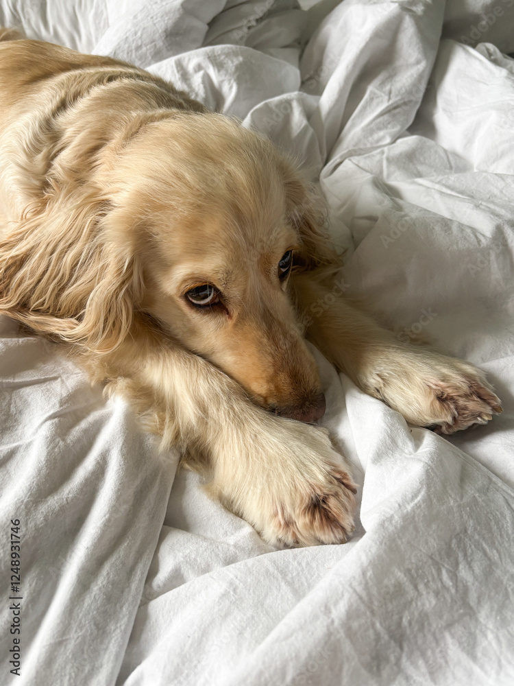 Close-up of a golden Cocker Spaniel's face with front paws stretched out on a soft bed. Cozy and relaxed pet in a warm indoor setting.