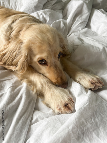 Obraz na płótnie Close-up of a golden Cocker Spaniel's face with front paws stretched out on a soft bed. Cozy and relaxed pet in a warm indoor setting. w salonie