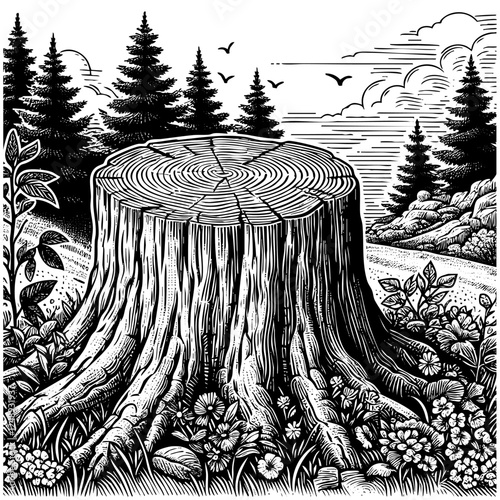 Tree stump engraving black and white outline. Scratch board imitation.  illustrated in vintage line art style on a white background.
