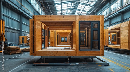 Modern prefabricated wooden houses industrial warehouse architectural showcase contemporary design perspective view