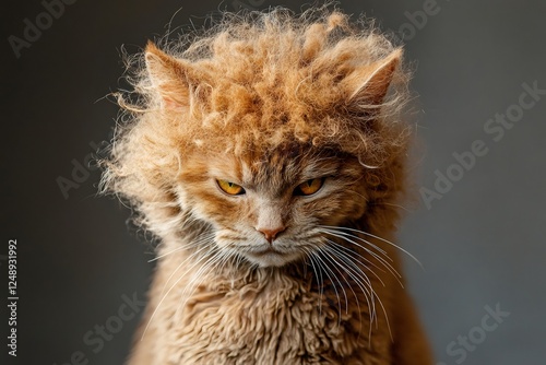 Portrait of a ginger laperm cat with its characteristic frizzy hair resembling an afro, looking intensely