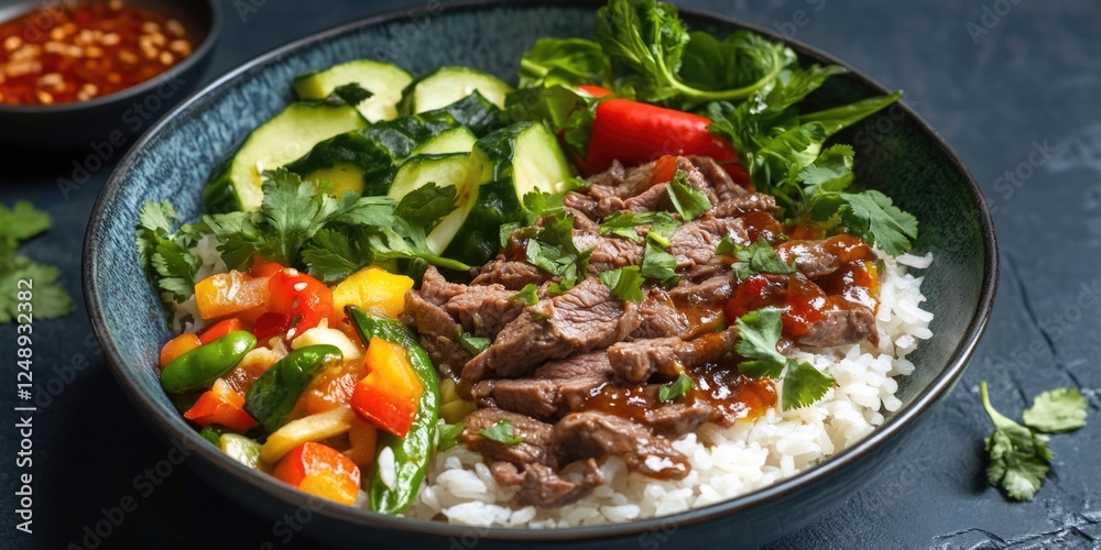 A bowl of beef stir-fry with rice, served in a dish on a table. A bowl of beef stir-fry with rice, served in a dish on a table.