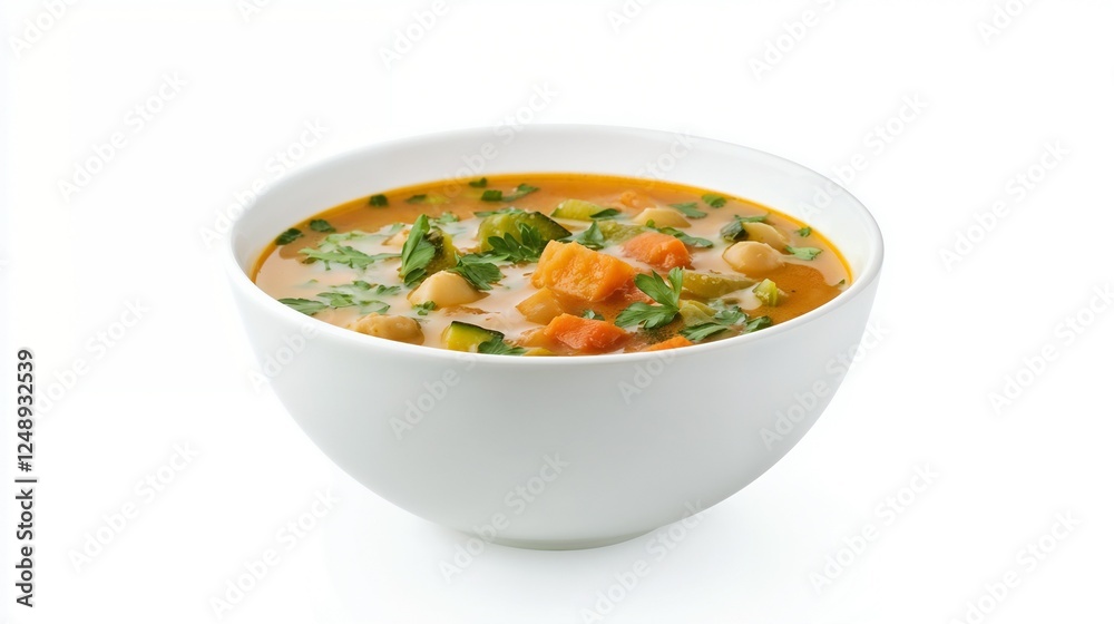 Healthy vegetable soup with chickpeas and herbs served in a white bowl Healthy vegetable soup with chickpeas and herbs served in a white bowl