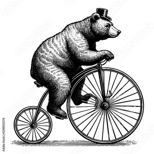 Bear riding penny farthing bicycle sketch engraving black and white outline. Scratch board imitation.  illustrated in vintage line art style on a white background.