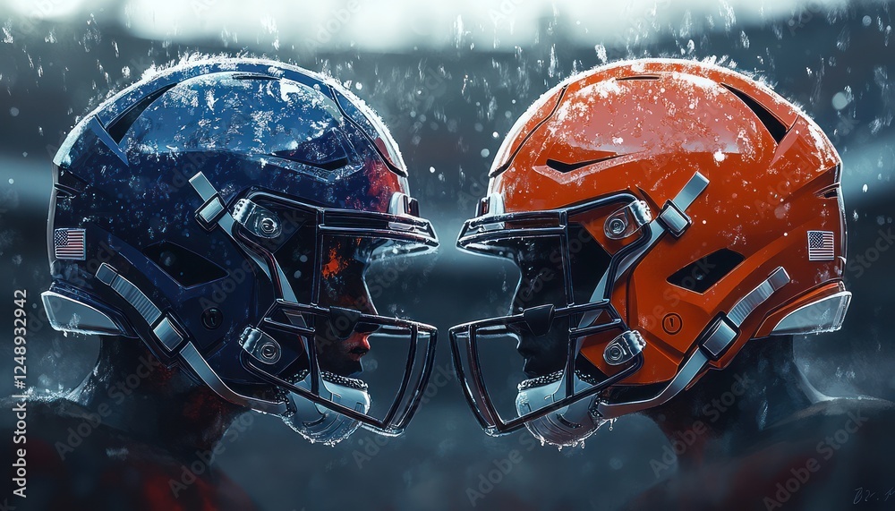 Fototapeta premium Dynamic Digital Painting of Football Helmets in Stadium Lights