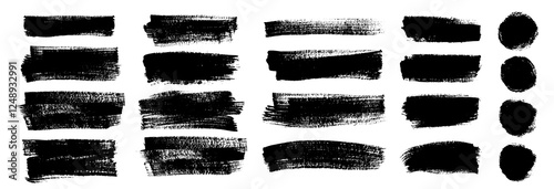 Vector freehand brush strokes and round shapes. Black brush elements rough and textured. Thick textured lines isolated on white background. Set of horizontal highlight underline