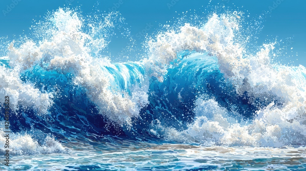 Ocean waves crashing on shore, sunny sky, summer beach background, travel poster