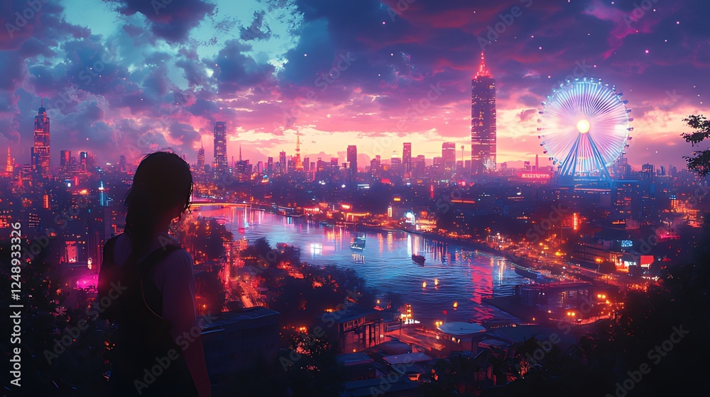Woman Cityscape Sunset Ferris Wheel Night View Woman Cityscape Sunset Ferris Wheel Night View