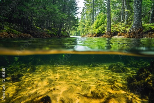 Underwater view of a forest river teeming with life, including trout, showcasing the rich biodiversity of this ecosystem.