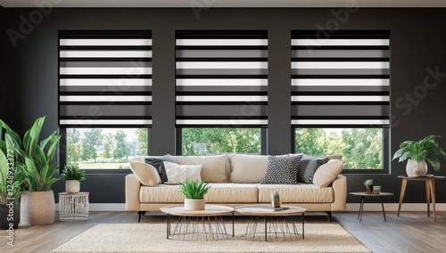 Modern striped blinds in stylish living room photo