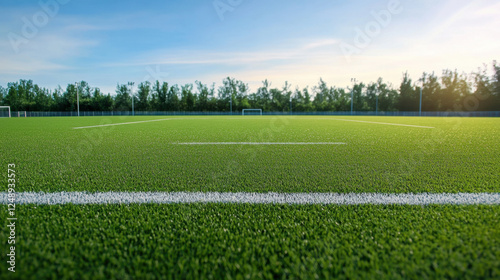 wide angle view of football field with vibrant green grass, clear blue sky, and trees in background, creating serene and inviting atmosphere for sports activities