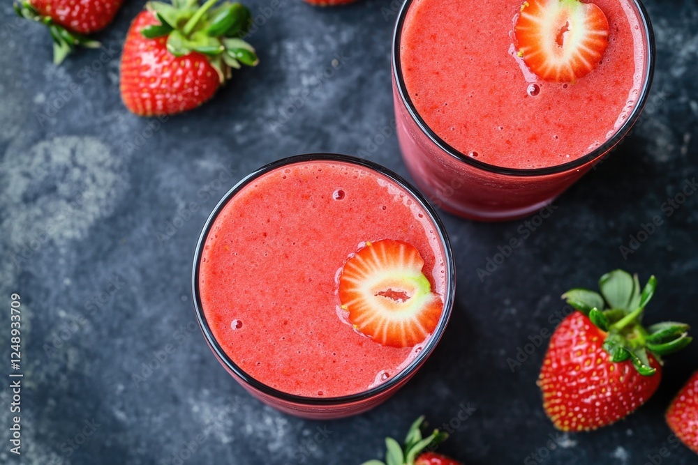 Two glasses of red strawberry smoothie with juicy strawberries as a backdrop. Two glasses of red strawberry smoothie with juicy strawberries as a backdrop.