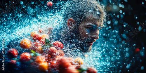 Fototapeta Naklejka Na Ścianę i Meble -  Innovative Sports Nutrition Strategy with Dynamic Athlete and Fresh Ingredients in Motion