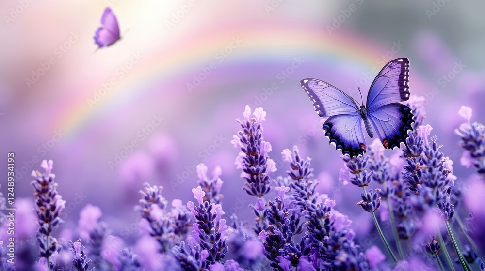 Lavender field, butterflies, rainbow, nature, spring Lavender field, butterflies, rainbow, nature, spring