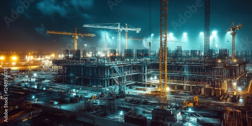 A large construction site at night illuminated by bright floodlights