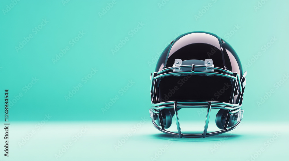 Fototapeta premium sleek black football helmet on vibrant turquoise background, showcasing its modern design and protective features. Perfect for sports enthusiasts and design lovers alike