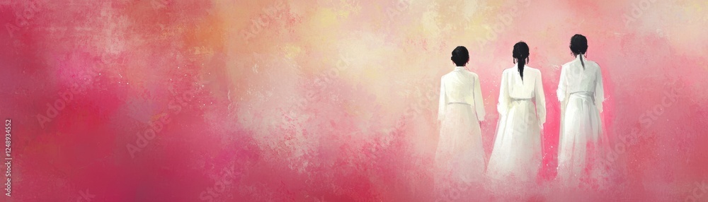Three figures in white garments stand against a soft, abstract pink and orange background, evoking a serene and contemplative atmosphere, Holi Three figures in white garments stand against a soft, abstract pink and orange background, evoking a serene and contemplative atmosphere, Holi