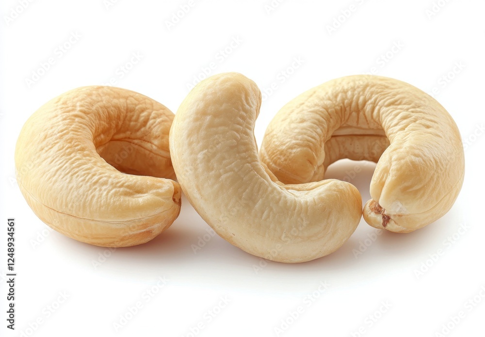 Three cashew nuts, studio shot, white background, food photography, packaging