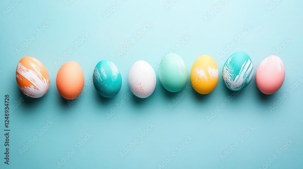A row of several eggs arranged neatly on a vibrant blue surface, showcasing their smooth texture and natural colors. A row of several eggs arranged neatly on a vibrant blue surface, showcasing their smooth texture and natural colors.