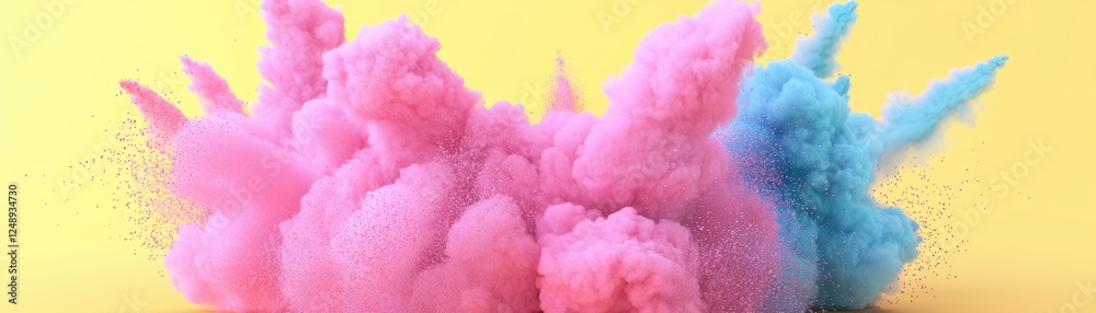 A vibrant explosion of pink and blue powder against a bright yellow background, creating a playful and energetic visual effect, Holi A vibrant explosion of pink and blue powder against a bright yellow background, creating a playful and energetic visual effect, Holi