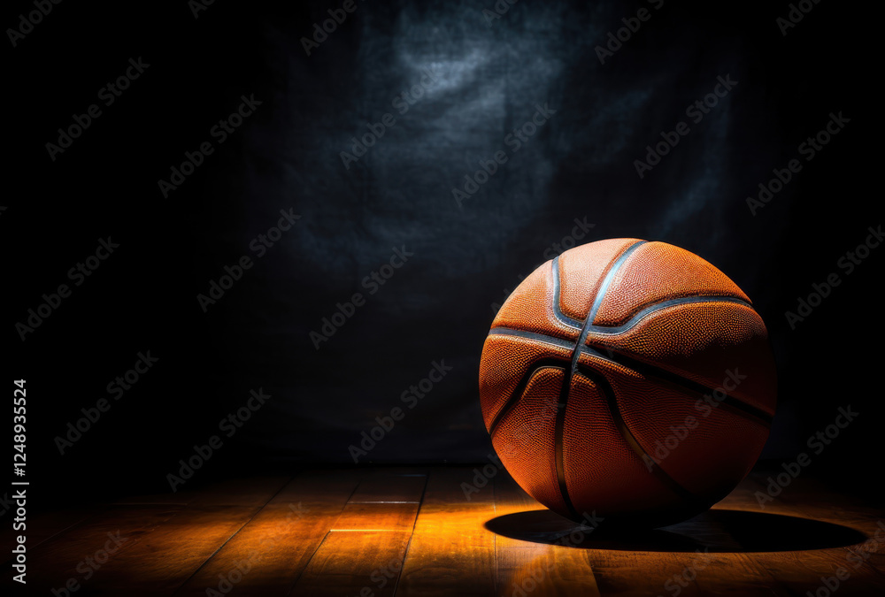 Obraz premium basketball rests on wooden floor, illuminated by dramatic lighting against dark background, creating striking visual effect
