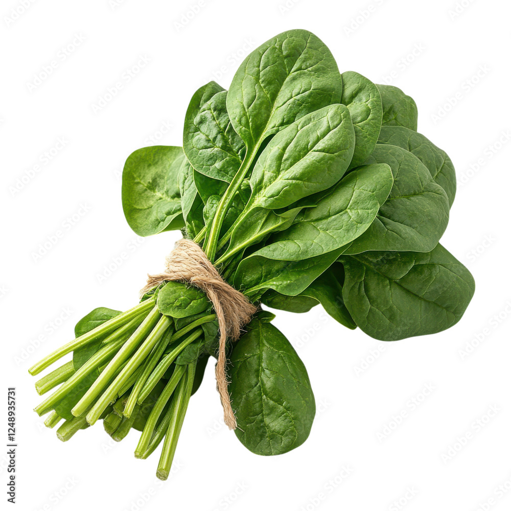 A bundle of fresh spinach leaves tied together, showcasing vibrant green color and crisp texture. A bundle of fresh spinach leaves tied together, showcasing vibrant green color and crisp texture.
